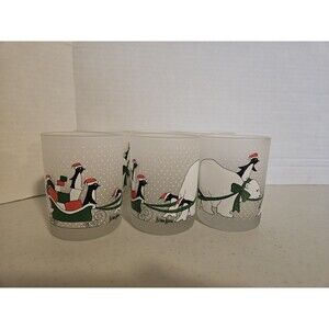 6 Neiman Marcus Frosted Penguins Polar Bear Double Old Fashion Christmas Glasses